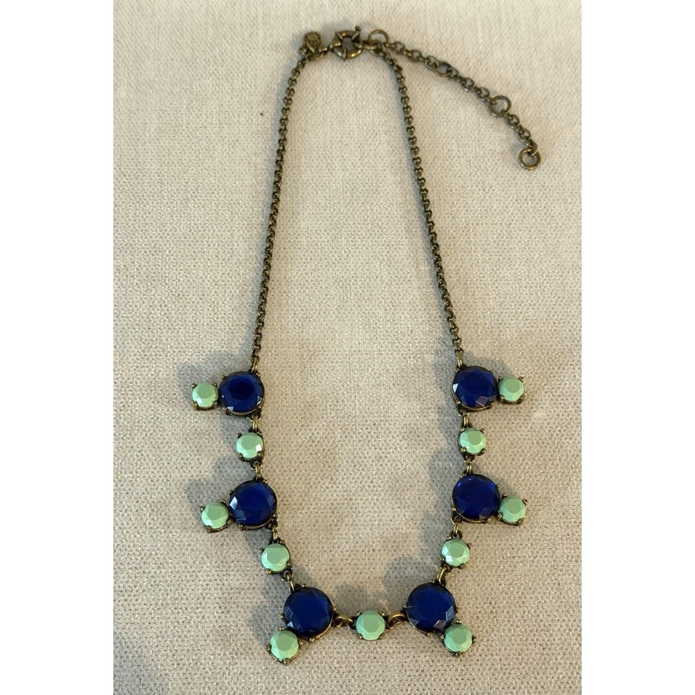 J. CREW NECKLACE Mint Green Resin Stones & Blue Stones w/Brass Colored Chain 21"